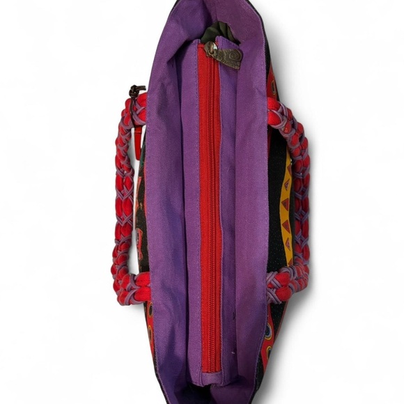 VTG Laurel Burch Colorful Cats Tote Bag Braided Strap Zip Canvas Purse Art Print - Picture 3 of 8